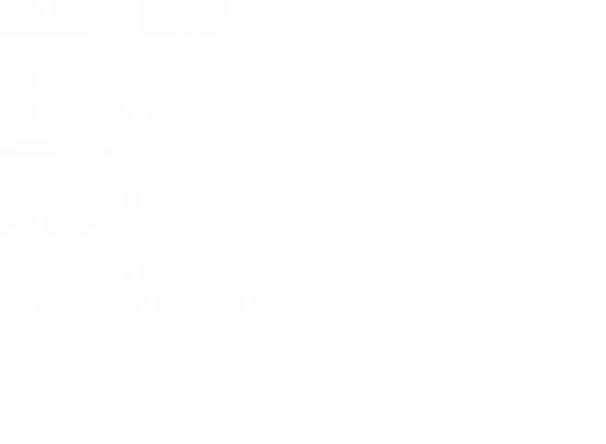 中村　昌代 誕生日：   4月16日血液型：   B 休日の過ごし方：  孫と遊ぶ事 最近はまっている事：孫の成長を写真や動画に収めること。