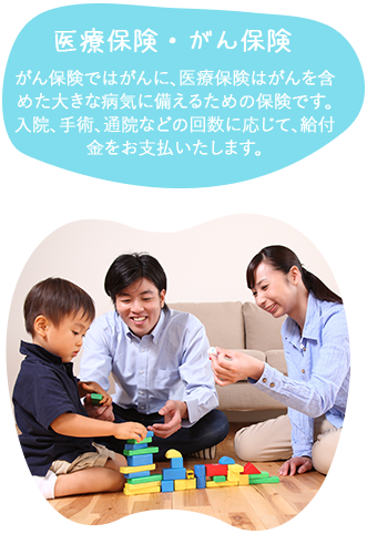 医療保険・がん保険がん保険ではがんに、医療保険はがんを含めた大きな病気に備えるための保険です。入院、手術、通院などの回数に応じて、給付金をお支払いたします。