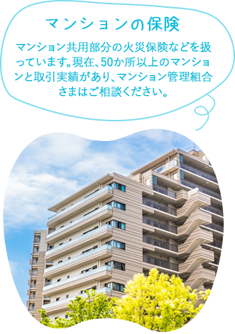 マンションの保険マンション共用部分の火災保険などを扱っています。現在、50か所以上のマンションと取引実績があり、マンション管理組合さまはご相談ください。